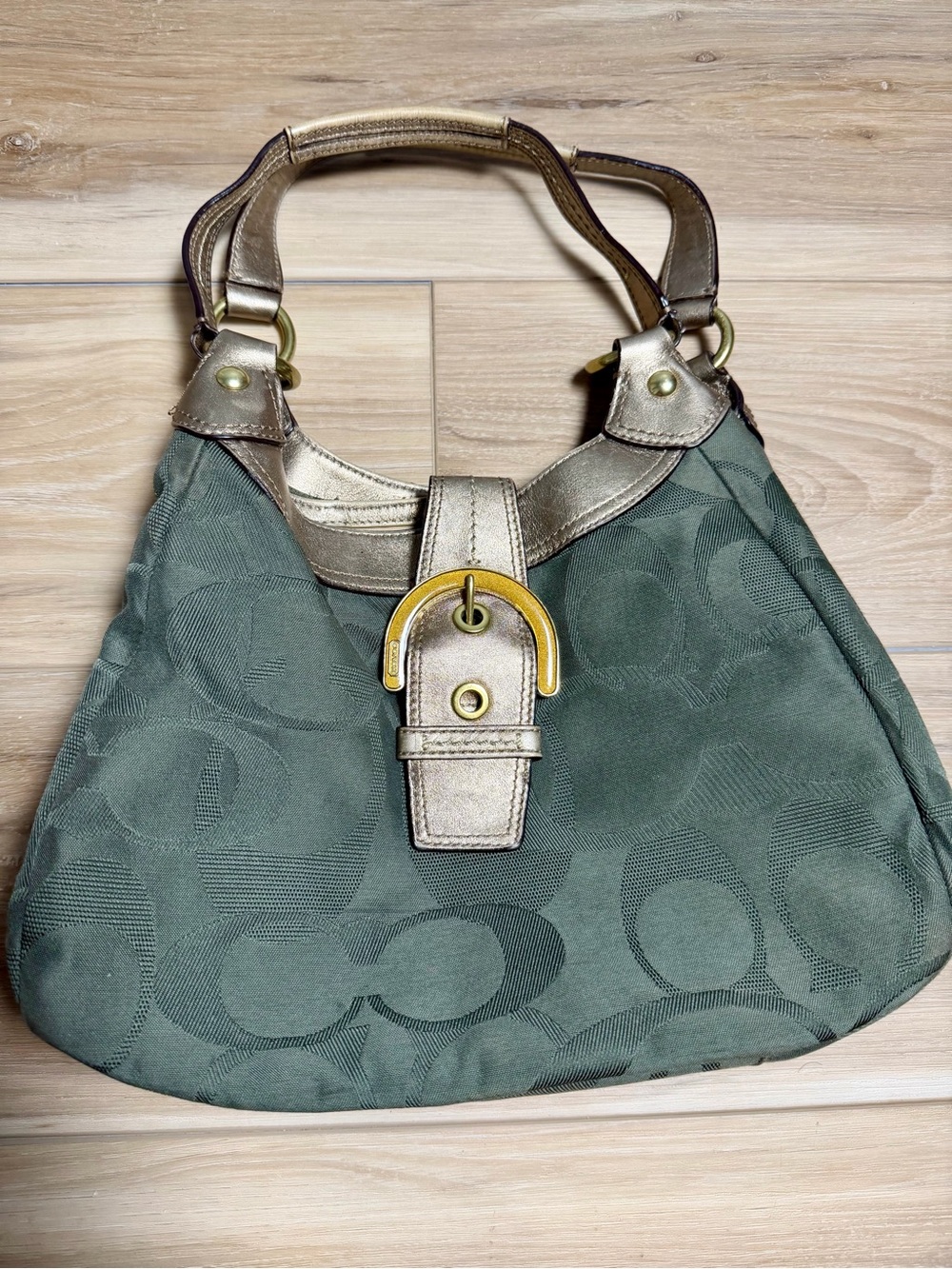 Vintage Coach Olive Signature Hobo with Metallic Gold Trim